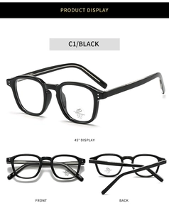 Three-angle view of black TR90 anti-blue light glasses with metal core temples