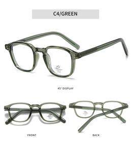 Three-view layout of green translucent TR90 glasses frames with UV400 anti-blue light lenses