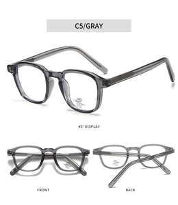 Three views of grey transparent TR90 frames with anti-blue light and UV400 lens details