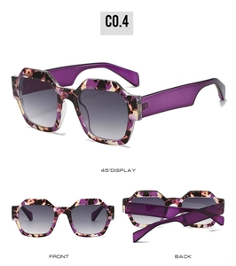 Vue détaillée de lunettes de soleil polygonales en écaille violette avec verres dégradés