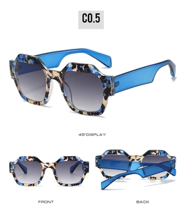 Vues détaillées de lunettes de soleil polygonales avec monture écaille bleue et verres gris