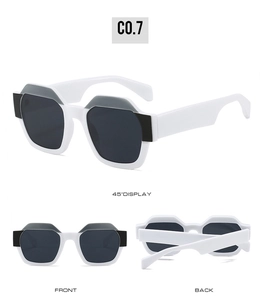 Trois perspectives de lunettes de soleil géométriques blanches avec détails mosaïque gris