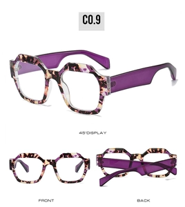 Détails des lunettes de soleil géométriques à fleurs violettes et branches larges