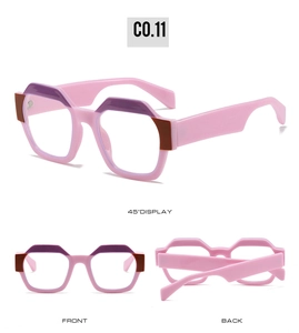 Affichage en trois vues de lunettes de soleil hexagonales rose et violet avec monture audacieuse