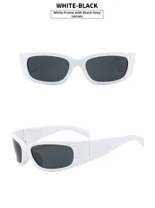 Vista ravvicinata di occhiali da sole punk bianchi futuristici con lenti scure e montatura larga