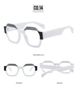Vue sous trois angles de lunettes blanches épaisses avec monture patchwork gris et noir