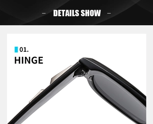 Close-up of durable metal hinge on black square sunglasses for reinforced frame detail