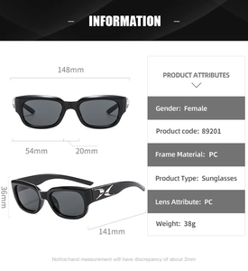 Detailed size specifications for rectangular sunglasses with silver geometric temple accents