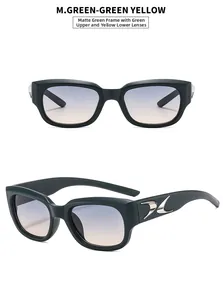 Detail of matte green square sunglasses with gradient lenses and silver temple logo
