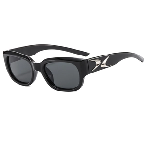 Modern thick square black sunglasses with silver streamlined metal temple decor