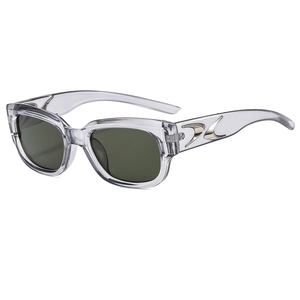 2024 trendy square sunglasses with clear frame and dark lenses at a 45-degree angle