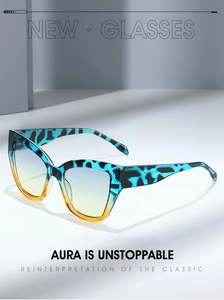 Detail of blue leopard print cat eye sunglasses with vibrant gradient lenses and hinges