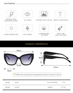 Detailed size specifications and functional icons for cat-eye sunglasses with dimensions
