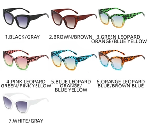 Detailed grid view of cat eye sunglasses in seven trendy colors and leopard patterns