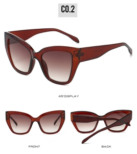 Detailed multi-angle view of retro cat-eye sunglasses with translucent brown frames