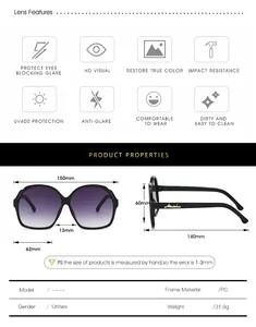 Detailed size chart for oversized oval sunglasses with UV400 and lens dimensions