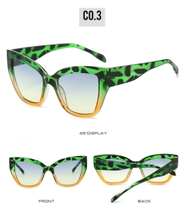 Three-way view of retro cat-eye sunglasses with green leopard frame and gradient lenses