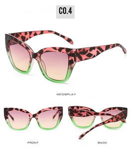 Three angles of retro cat-eye sunglasses with pink-black tortoise frames and gradient lenses