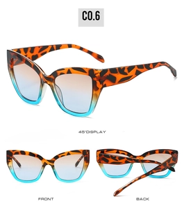 Detailed views of leopard print cat-eye sunglasses with blue and orange gradient lenses