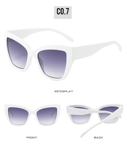 Detailed multi-angle views of white cat-eye sunglasses with purple gradient lenses