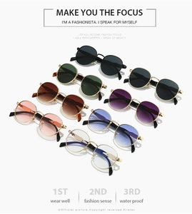 Macro view of retro oval sunglasses showing eight different colored lens options
