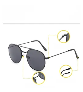 Detail of secure hinge, comfortable nose rest, and arc leg on black metal aviator sunglasses