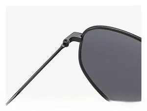 Macro shot of secure metal hinges on black men's sunglasses for durability