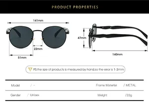 Detailed size chart for retro oval metal sunglasses with precise frame measurements