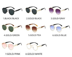 Multiple color options of vintage oval metal sunglasses in a neat grid display