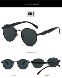 Detail view of retro oval metal sunglasses with geometric temples in matte black finish