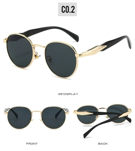 Detail view of oval metal sunglasses showing front, back, and 45-degree angle perspectives