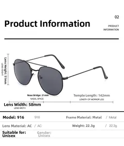 Detailed size chart for hexagonal metal pilot sunglasses showing lens and frame dimensions