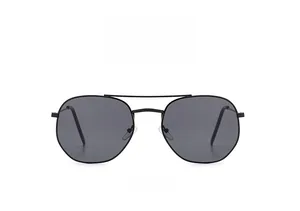 Front view of classic black metal aviator sunglasses with polarized dark grey lenses