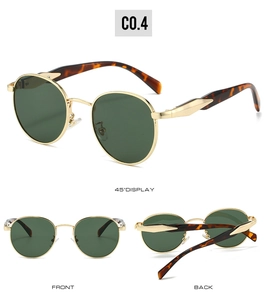 Three-angle view of oval metal sunglasses with green lenses and tortoiseshell temples