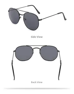 Detailed side and back views of black metal double-bridge aviator sunglasses for men
