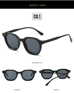 Detailed views of retro oval sunglasses with black frame and dark lenses, color CO.1