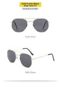 Front and 45-degree angle views of gold metal sunglasses with black grey lenses