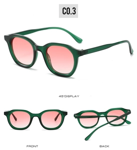 Three perspectives of retro oval sunglasses with green frames and pink gradient lenses