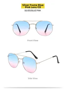 Detail of silver aviator sunglasses with blue-pink gradient lenses and dual-bridge frame