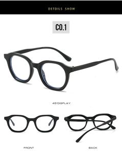 Vues détaillées des lunettes ovales anti-lumière bleue en noir brillant sous trois angles