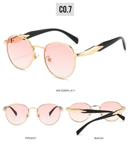 Three-angle views of gold metal oval sunglasses with pink gradient lenses