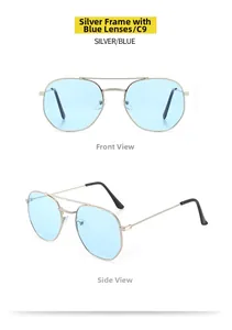Front and side views of silver aviator sunglasses with light blue transparent lenses