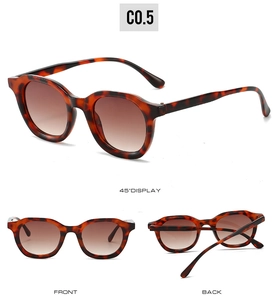 Detailed views of tortoiseshell oval sunglasses with brown gradient lenses from multiple angles