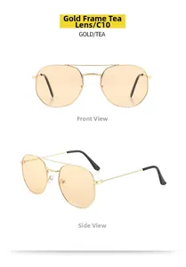Detailed front and side views of gold aviator sunglasses with tea-tinted lenses