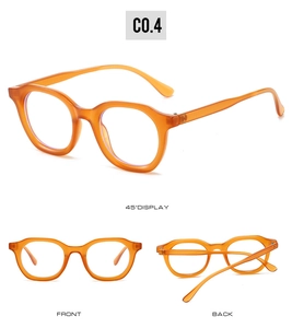 Vues détaillées de lunettes ovales rétro oranges avec angles de face, arrière et côté