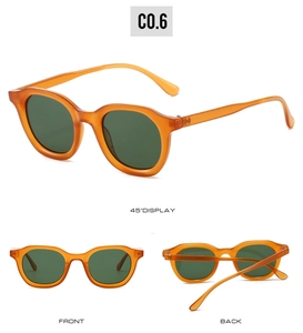 Three-angle views of retro oval sunglasses with amber frames and dark green lenses