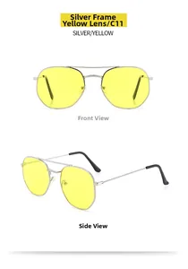 Detail view of silver frame aviator sunglasses with yellow lenses and double bridge design
