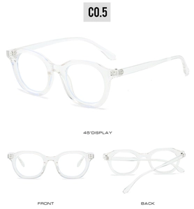 Vue détaillée de montures de lunettes ovales transparentes avec angles avant et arrière