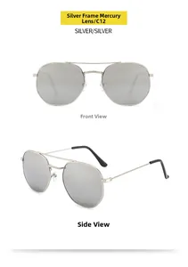 Silver aviator sunglasses with mirrored lenses shown from front and side perspectives