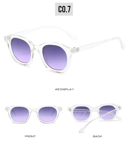 Detail view of oval sunglasses with transparent frames and purple gradient lenses